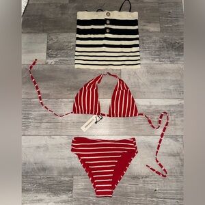 Commense Red / White Knit Bikini with Navy & White Top BUNDLE Size Small NWT
